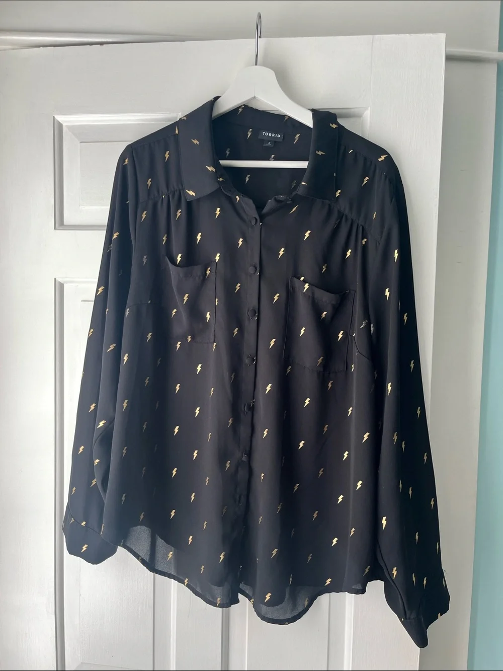 Torrid Black Long Sleeve Blouse with Gold Lightning Bolt Metallic Print